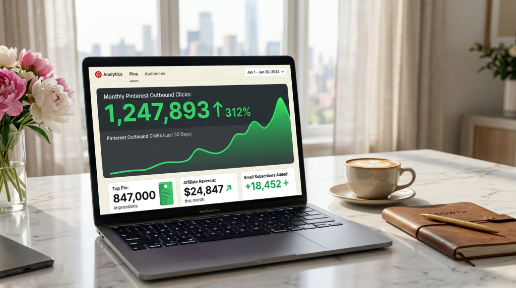 Pinterest analytics dashboard showing 1.2 million clicks and 312% growth — pinterest marketing results